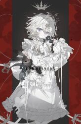 1girl a0akumu closed_mouth commission cowboy_shot dress english_text grey_hair highres looking_at_viewer medium_hair original pale_skin purple_eyes smile solo stuffed_animal stuffed_toy twitter_username watermark white_dress