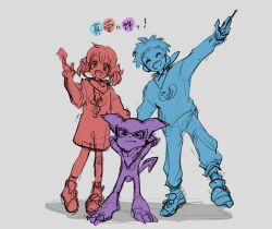 Rule 34 | ai (digimon), blush, digimon, digimon (creature), digimon tamers, highres, impmon, looking at viewer, makoto (digimon), one eye closed, shadow, smile, wink