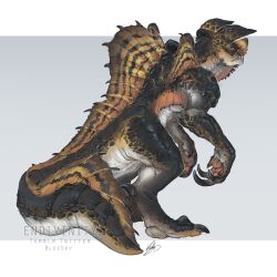 artist_name claws commentary deathclaw endivinity english_commentary fallout fins from_behind full_body grey_background highres horns letterboxed monster monster_focus no_humans original outside_border signature simple_background solo tail tusks watermark