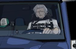 1boy alpha_transparency animated animated_gif bobblehead car_interior character_doll coat drawfag driving furrowed_brow hat hat_writing isekai_truck left-hand_drive light_smile looking_at_viewer meme motor_vehicle mushoku_tensei nanahoshi_shizuka orsted_(mushoku_tensei) pixel_art steering_wheel truck trucker vehicle_interior white_coat white_hair women_want_me_fish_fear_me_(meme)
