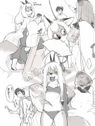 1boy 1girl animal beer_can bikini body_fur can claws commentary_request drink_can fish fishing_rod fox_girl furry furry_female greyscale hakama hakama_pants hand_fan holding holding_fan japanese_clothes kikurage_(crayon_arts) kimono long_hair miko monochrome multiple_views original pants swimsuit tail translation_request wet white_background