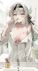 1girl absurdres aqua_panties bite_mark bite_mark_on_arm bite_mark_on_breast bite_mark_on_neck black_hairband black_ribbon blue_eyes blurry blurry_background blush breasts brushing_teeth collarbone commentary cup faucet firefly_(honkai:_star_rail) grey_hair hair_between_eyes hair_intakes hair_ornament hair_ribbon hairband hand_up hickey highres holding holding_toothbrush honkai:_star_rail honkai_(series) indoors long_hair looking_at_viewer medium_breasts mug multicolored_eyes no_bra panties pibag polka_dot polka_dot_panties reflection reflection_focus ribbon see-through_silhouette shirt single_bare_shoulder single_off_shoulder solo toothbrush toothpaste underwear white_shirt