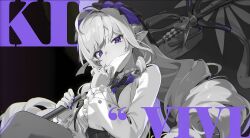 1girl absurdres ahoge black_background bow bowtie character_name drill_hair envelope frills grey_pantyhose highres holding holding_envelope holding_umbrella jacket long_hair long_sleeves looking_at_viewer mindscape_cinema_(zenless_zone_zero) monochrome nail_polish official_art pantyhose pointy_ears purple_bow purple_bowtie purple_eyes purple_nails shirt solo spot_color umbrella very_long_hair vivian_banshee white_shirt zenless_zone_zero