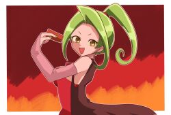 Rule 34 | cape, dinosaur king, green hair, highres, lipstick, long hair, makeup, red lips, skin tight, usarapa, yellow eyes