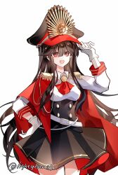 1girl belt black_hair black_skirt cape crest family_crest fate/grand_order fate_(series) gloves hat highres koha-ace long_hair oda_nobunaga_(fate) oda_nobunaga_(koha-ace) oda_uri red_cape red_eyes shirt simple_background skirt solo thighs very_long_hair white_background white_belt white_gloves white_shirt xixing_chun