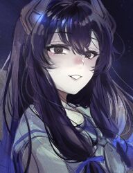 Rule 34 | 1girl, black eyes, black hair, blue one-piece swimsuit, blue ribbon, commentary request, grey neckerchief, hagioshi, hair between eyes, hair ribbon, headgear, highres, i-47 (kancolle), kantai collection, long hair, looking at viewer, neckerchief, one-piece swimsuit, parted lips, ribbon, sailor collar, sidelocks, simple background, sleeveless, solo, swimsuit, tress ribbon, upper body, white sailor collar