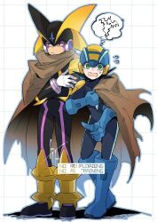 2boys bass.exe_(mega_man) black_bodysuit black_helmet blue_helmet bodysuit brown_cloak cloak facial_mark fins full_body grey_background head_fins helmet highres male_focus mega_man_(series) mega_man_battle_network_(series) megaman.exe multiple_boys netnavi scared simple_background speech_bubble thought_bubble to_i_to_io