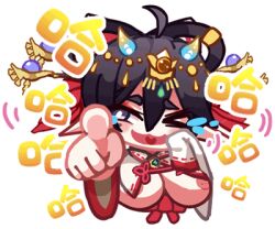 &gt;_o 1girl areola_slip black_hair breast_curtains breasts chibi chibi_only chinese_commentary hair_ornament hair_rings hair_stick haitai_(haitai_umita) haitai_umita indie_virtual_youtuber lactation large_breasts laughing looking_at_viewer lowres nipple_slip nipples nontraditional_miko one_eye_closed pointing pointing_at_viewer pointy_ears purple_eyes solo virtual_youtuber