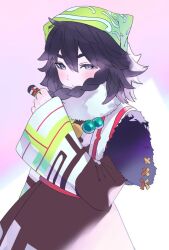 Rule 34 | ainu clothes, black hair, braid, green headscarf, headscarf, jewelry, non-web source, pilika (rune factory), purple eyes, rune factory, rune factory: guardians of azuma, simple background, standing, thick eyebrows