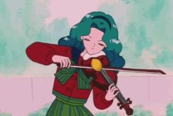 1990s_(style) 1girl animated animated_gif aqua_hair bishoujo_senshi_sailor_moon dancing food fruit instrument kaiou_michiru lemon long_sleeves lowres retro_artstyle school_uniform screencap spinning violin wavy_hair