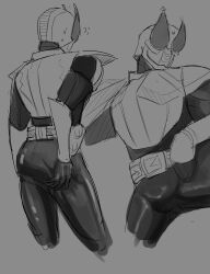 Rule 34 | armor, ass, belt, bodysuit, chastisedhorns, chestplate, helmet, kamen rider, kamen rider den-o, kamen rider den-o (series), male focus, mask, masked male, monochrome, multiple views, poses, sweat, sweatdrop