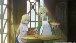 2girls aiz_wallenstein apron artist_request blonde_hair blush chair dress dungeon_ni_deai_wo_motomeru_no_wa_machigatteiru_darou_ka elf food green_dress highres long_sleeves multiple_girls official_art pasta pointy_ears ryu_lion sitting spaghetti table tavern tray white_apron white_dress