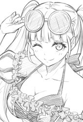 1girl ;) adjusting_eyewear bikini breasts cleavage eyewear_on_head fire_emblem fire_emblem:_three_houses fire_emblem_heroes frills from_above greyscale hilda_valentine_goneril hilda_valentine_goneril_(summer) large_breasts long_hair looking_at_viewer monochrome nintendo off-shoulder_bikini off_shoulder official_alternate_costume one_eye_closed puffy_short_sleeves puffy_sleeves short_sleeves smile solo sunglasses swimsuit ten_(tenchan_man) twintails upper_body white_background
