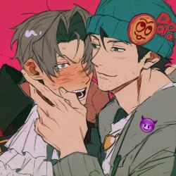 Rule 34 | 2boys, ace attorney, apollo justice: ace attorney, ascot, beanie, beard stubble, black hair, blue hat, blush, curtained hair, demon emoji, facial hair, fingernails, grey eyes, grey jacket, hand on another&#039;s face, hat, high collar, highres, jacket, jewelry, kkim52, looking at another, male focus, miles edgeworth, multiple boys, necklace, nervous sweating, one eye covered, open clothes, open jacket, open mouth, phoenix wright, red background, shirt, short hair, short sideburns, simple background, stubble, sweat, teeth, upper body, white ascot, white shirt