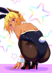 Rule 34 | :d, animal ears, backboob, black shoes, blonde hair, breasts, brown pantyhose, closed mouth, collar, commentary request, demon girl, demon horns, fake animal ears, fake tail, from behind, hands on ground, high heels, highres, horns, leotard, looking at viewer, looking back, neko 040, open mouth, original, pantyhose, parted bangs, playboy bunny, pointy ears, purple background, rabbit ears, rabbit tail, red eyes, shoes, short hair, simple background, smile, smirk, squatting, star (symbol), star symbol background, strapless, strapless leotard, tail, tongue, tongue out, turning head, white background, white collar, white trim, white wrist cuffs, wrist cuffs