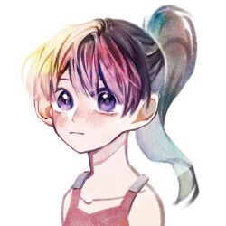 Rule 34 | 1girl, black hair, closed mouth, collarbone, commentary request, expressionless, film grain, korean commentary, kumazaki karen, long hair, ponytail, portrait, purple eyes, red tank top, saibou shinkyoku, simple background, solo, tank top, white background, yull gok