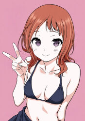Rule 34 | 1girl, bikini, black hair, breasts, cleavage, collarbone, halterneck, hand up, highres, kobayashi ritz, long hair, looking at viewer, medium breasts, navel, non-web source, pink background, purple eyes, red hair, saki (manga), smile, solo, swimsuit, takei hisa, towel, towel around waist, v