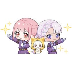 2girls :3 ahoge animal arm_belt artist_request asymmetrical_bangs back-to-back bad_tag belt belt_buckle blue_necktie blue_sleeve_cuffs blunt_bangs blush_stickers brown_belt brown_eyes buckle cat chibi clenched_hand cloak closed_mouth clothed_animal coat collared_coat collared_shirt cropped_legs crossed_arms determined ear_covers gloves guard&#039;s_resolve_(infinity_nikki) hair_tie hand_on_own_chest heads_together highres hiya_(infinity_nikki) hood hood_up hooded_cloak infinity_nikki lapels long_hair momo_(nikki) multiple_belts multiple_girls necktie nikki_(nikki) nikki_(series) notched_lapels official_art outstretched_arm pale_skin pants pink_hair ponytail_with_braided_base purple_coat purple_eyes red_necktie shirt short_hair smile sparkle straight-on striped_necktie swept_bangs tareme transparent_background two-sided_coat two-sided_fabric two-tone_necktie updo v-shaped_eyebrows white_cat white_gloves white_hair white_pants white_shirt yellow_cloak