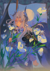 1girl black_cape blue_background blue_border blue_eyes blue_jacket border cape cowboy_shot floating_hair flower full_moon grey_hair gun hair_between_eyes hair_ornament hand_up heart heart_hair_ornament highres holding holding_gun holding_weapon jacket kubing_aaa long_hair looking_at_viewer military_uniform moon outside_border pants reverse:1999 rifle rifle_cartridge sentinel_(reverse:1999) solo weapon white_flower white_pants