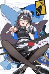 1girl apron argyle_clothes argyle_pantyhose belt black_belt black_footwear black_hair black_pantyhose blue_footwear cassette_tape collar colored_inner_hair crossed_ankles ellen_joe fangs fins fish_tail frilled_wristband hair_ornament hairband hairclip hand_up highres jaws_(movie) looking_at_viewer maid maid_apron maid_headdress metal_collar metal_hairband metal_wrist_cuffs mole mole_under_eye multicolored_hair one_eye_closed open_mouth pantyhose puffy_short_sleeves puffy_sleeves reaching reaching_towards_viewer red_eyes red_hair red_nails round_eyewear same_jarashi scar scar_on_tail semi-rimless_eyewear shark_girl shark_tail short_hair short_sleeves sign simple_background sitting solo spiked_collar spiked_headband spiked_wristband spikes stuffed_animal stuffed_shark stuffed_toy tail tongue two-tone_hair unfinished v waist_apron warning_sign weapon_request white_background zenless_zone_zero