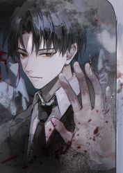 Rule 34 | 1boy, 2others, absurdres, black eyes, black hair, black jacket, black necktie, black suit, bleeding, blood, blood on clothes, blood on hands, blood splatter, closed mouth, collared shirt, formal clothes, gwechul, hand on mirror, hand up, highres, jacket, kim soleum, korean commentary, looking at viewer, male focus, mirror, multiple others, necktie, parted bangs, red pupils, reflection, shirt, short hair, solo focus, suit, upper body, white shirt, young57440489