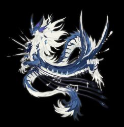 animal_ears bairizuomeng beak black_background blue_fur blue_sclera chest_spike claws colored_sclera dragon feathered_wings gem highres horns long_tail mane monster monster_focus no_humans original signature simple_background solo sparkle striped_fur tail tendril two-tone_fur white_eyes white_fur wings