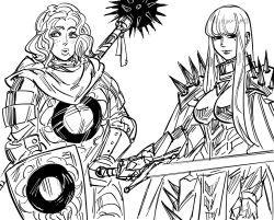 2girls armor bb_(baalbuddy) blunt_bangs boobplate breastplate cape dark_knight full_armor greyscale highres hime_cut holding holding_sword holding_weapon knight long_hair looking_at_viewer mace mole mole_under_eye monochrome multiple_girls original paladin pauldrons shield shoulder_armor shoulder_spikes simple_background smile spiked_mace spikes sword weapon white_background