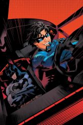 2boys batman batman_(series) black_gloves black_hair blue_gloves blue_mask bodysuit car_interior cowl crossed_arms dan_mora dc_comics domino_mask gloves grey_bodysuit grin highres looking_to_the_side mask multiple_boys nightwing short_hair smile superhero_costume teeth textless_version