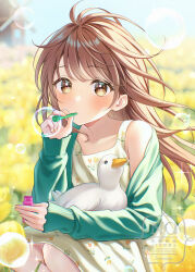 1girl bird blowing_bubbles blurry blurry_background blush bottle brown_eyes brown_hair cardigan closed_mouth collarbone commentary_request cowboy_shot day depth_of_field dress duck field fingernails floating_hair floral_print floral_print_dress flower flower_field green_cardigan hand_to_own_mouth hand_up highres holding holding_bottle long_hair looking_at_viewer messy_hair nail_polish off_shoulder open_cardigan open_clothes orange_nails original outdoors print_dress sakunagita sleeveless sleeveless_dress sleeves_past_wrists soap_bubbles solo sparkle squatting sunlight swept_bangs tulip white_bird white_dress windmill yellow_flower yellow_tulip