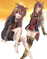 2girls animal_ear_fluff animal_ears arm_support armor armored_boots armored_gloves barefoot belt black_dress boots breastplate breasts brown_belt brown_boots brown_dress brown_gloves brown_hair child cloud cloudy_sky collar collarbone collared_dress commentary_request dress elbow_gloves flat_chest full_body gloves gradient_background hair_between_eyes hal-py high_collar layered_dress long_hair long_sleeves looking_at_viewer looking_down messy_hair metal_arm_cuffs metal_collar metal_hair_tubes metal_wrist_cuffs multiple_girls neck_ribbon no_tail open_mouth orange_sky parted_lips pauldrons raccoon_ears raccoon_girl raccoon_tail raphtalia red_dress red_eyes red_ribbon ribbon short_dress short_sleeves shoulder_armor single_pauldron sitting sky sleeveless sleeveless_dress small_breasts smile standing straight_hair striped_clothes striped_dress tail tate_no_yuusha_no_nariagari thigh_boots time_paradox two-tone_dress vertical-striped_clothes vertical-striped_dress white_background white_dress