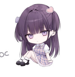 1girl black_shoes bow chibi closed_mouth commentary_request dress ear_bow ear_piercing earrings hair_intakes hair_ornament hands_on_floor heart heart_hair_ornament highres jewelry kumo_tabetai legs_up long_hair looking_at_viewer multicolored_dress original piercing purple_eyes purple_hair shoes simple_background sitting socks white_background white_socks