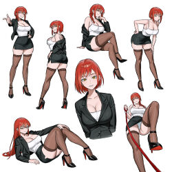 absurdres alternate_costume armpits black_skirt blazer breasts chainsaw_man cleavage collarbone crop_top crossed_legs femdom formal_clothes high_heels highres jacket makima_(chainsaw_man) office_lady panties pantyshot pencil_skirt ringed_eyes simple_background skirt standing standing_on_one_leg thick_thighs thighhighs thighs underwear white_background white_panties yellow_eyes zeon_(zzeeonn)