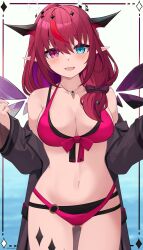 1girl absurdres bikini black_coat blue_eyes breasts cleavage coat cowboy_shot detached_wings heterochromia highres hololive hololive_english irys_(hololive) irys_(holonatsu_paradise)_(hololive) kanadeho large_breasts pointy_ears purple_eyes purple_hair red_bikini red_hair solo swimsuit virtual_youtuber wings