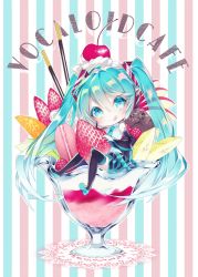 1055 1girl :q apple apple_slice aqua_eyes aqua_hair banana banana_slice black_thighhighs boots cherry chibi commentary_request copyright_name detached_sleeves doily female_focus food fruit hair_between_eyes hatsune_miku head_tilt headset highres ice_cream in_food long_hair long_sleeves macaron melon necktie orange_(fruit) parfait pink_pupils pocky ringed_eyes shirt sitting skirt smile solo strawberry striped_background thigh_boots thighhighs tongue tongue_out twintails vertical_stripes very_long_hair vocaloid white_shirt