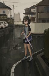 1girl :o animal_ear_fluff animal_ears bag bag_charm black_hair blue_bag blue_eyes blue_shorts blue_sleeves charm_(object) closed_umbrella clothes_writing full_body green_shirt grey_shoes hair_between_eyes highres holding holding_umbrella katamimi123 looking_at_viewer open_mouth original outdoors power_lines raglan_sleeves shirt shoes short_hair short_sleeves shorts shoulder_bag sneakers socks solo standing t-shirt umbrella utility_pole white_socks