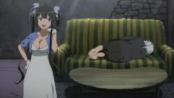 1boy 1girl anime_screenshot barefoot bed bed_sheet bell_cranel black_hair black_pants black_shirt blue_cardigan blue_eyes breasts cardigan cleavage coffee_table couch dress dungeon_ni_deai_wo_motomeru_no_wa_machigatteiru_darou_ka gloves green_dress hair_ornament hair_ribbon hand_on_own_hip hestia_(danmachi) highres large_breasts long_hair long_sleeves lying on_couch on_side open_mouth pants ribbon shirt short_hair short_sleeves table teeth twintails upper_teeth_only white_gloves white_hair