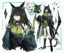 2girls animal_ears animalization arknights artist_name black_boots black_coat boots breasts cat_ears cat_girl chibi chibi_inset coat commentary dress green_dress green_eyes hair_between_eyes high_heel_boots high_heels highres holding_hands kal&#039;tsit_(arknights) knee_boots lab_coat material_growth medium_breasts medium_hair mon3tr_(arknights) multiple_girls multiple_views open_clothes open_coat oripathy_lesion_(arknights) potettoe sleeveless sleeveless_dress sleeves_past_fingers sleeves_past_wrists tail white_background