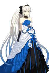 1girl arms_at_sides ball_gown bare_shoulders black_bow black_gloves black_tiara blonde_hair blue_eyes bow braid closed_mouth dress elbow_gloves fate/grand_order fate_(series) frilled_dress frills gloves hair_between_eyes hair_bow half_up_braid highres jewelry long_hair looking_at_viewer morgan_le_fay_(fate) nakanishi_tatsuya necklace ponytail ribbon sidelocks sleeveless sleeveless_dress standing tiara very_long_hair