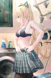 1girl absurdres alternate_costume bag bare_arms bare_shoulders black_bra black_panties blonde_hair blue_eyes blurry blush bottle bow bra breasts cellphone cleavage closed_mouth collarbone depth_of_field detergent from_side hair_between_eyes hair_bow hair_ribbon highres hololive indoors kazama_iroha long_hair me_1365 medium_breasts navel no_shirt open_clothes open_skirt panties pantyhose partially_undressed phone plaid_clothes plaid_skirt ponytail ribbon sideboob sidelocks skirt smartphone smile solo standing stomach strap_gap tile_wall tiles underwear undressing very_long_hair virtual_youtuber washing_machine
