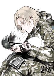 Rule 34 | 1boy, :3, animal, animal focus, animal on lap, arm tattoo, army, artist name, battle scar, blonde hair, blush, camouflage, cat, clothed animal, combat helmet, digital camouflage, helmet, highres, holding, holding animal, holding cat, jacket, knee pads, kobayashi niki, looking at animal, military, military jacket, military uniform, neck tattoo, on lap, pout, real life, russo-ukrainian war, signature, sitting, smile, soldier, tattoo, ukraine, ukrainian flag, ukrainian ground forces, whiskers, white background, white cat, woodland camouflage