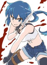 1girl amasaki_ryouko aznakagoe black_gloves black_thighhighs blank_blood blood clenched_teeth combat_knife cracklecradle crop_top denim denim_shorts female_focus fighting_stance gloves highres holding holding_knife holster knife low_ponytail open_fly ponytail serious shirt shorts solo sports_bra teeth thigh_holster thighhighs tied_shirt weapon white_background