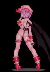 Rule 34 | 1girl, ass, back, bat wings, crotch strap, full body, hat, high heels, looking at another, looking at viewer, mersoleil03, mob cap, purple hair, red eyes, remilia scarlet, revealing clothes, short hair, sideways glance, solo, thighhighs, touhou, touhou tag dream, wings, wrestling outfit