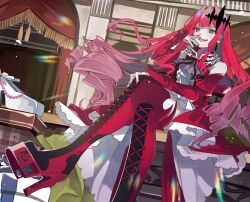 Rule 34 | 1girl, baobhan sith (fate), baobhan sith (first ascension) (fate), blush, boots, crossed legs, detached sleeves, dress, earrings, fangs, fate/grand order, fate (series), frilled dress, frills, hair ornament, hand up, highres, jewelry, long hair, looking at viewer, pink hair, platform heels, pointy ears, red dress, shunka tunacan, sidelocks, sitting, smile, solo, thigh boots, third-party source