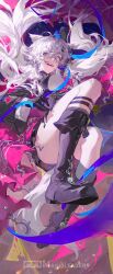 Rule 34 | 1girl, animal ears, arknights, artist request, black boots, black gloves, blue eyes, blue ribbon, boots, commentary, english commentary, floating hair, full body, gloves, hair between eyes, hair ornament, hairclip, highres, knee boots, lappland (arknights), lappland the decadenza (arknights), light particles, long hair, long sleeves, magicleaders, material growth, open mouth, oripathy lesion (arknights), ribbon, sharp teeth, shoe soles, solo, tail, teeth, watermark, white hair, white tail, wolf ears, wolf girl, wolf tail