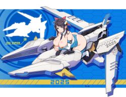1girl 2025 ass blue_eyes breasts cleavage crossed_arms curvy gradius happy_new_year hero_(do-belman) highres huge_ass large_breasts long_hair looking_at_viewer new_year original riding science_fiction smile solo spacecraft starfighter thick_thighs thighhighs thighs vic_viper