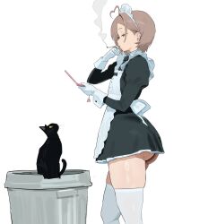 1girl ahoge animal ass brown_hair cat cellphone cigarette gloves highres hintobento holding holding_phone long_sleeves maid maid_headdress original phone short_hair simple_background skindentation smoking thighhighs trash_can white_background white_gloves white_thighhighs