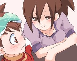00s 1boy 1girl age_difference blouse blush bow breasts brown_eyes brown_hair capcom child crossed_arms family geo_stelar_(mega_man) goggles goggles_on_head hair_bow happy hetero hope_stelar_(mega_man) incest large_breasts lowres mature_female mega_man_(series) mega_man_star_force_(series) mother_and_son oekaki open_mouth ponytail shirt smile spiked_hair worried