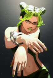 1girl bare_shoulders bun_with_braided_base cone_hair_bun cuffs double_bun glaring green_eyes green_hair green_lips green_nails hair_bun handcuffs highres jojo_no_kimyou_na_bouken kuujou_jolyne lipstick looking_at_viewer makeup midriff multicolored_hair navel solo stone_ocean togusa_jj two-tone_hair