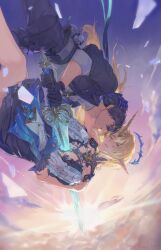 1boy 1girl black_dress black_gloves black_hair black_jacket black_pants blonde_hair blue_eyes blue_hands breasts commentary crown_of_thorns dress eye_contact falling fleurdelys_(wuthering_waves) gloves grey_shirt highres holding holding_sword holding_weapon horns impaled jacket large_breasts long_hair looking_at_another male_rover_(wuthering_waves) midair pangu_terminal_(wuthering_waves) pants parted_lips pointy_ears pokkkkaringo rover_(wuthering_waves) sad_smile shirt sidelocks single_horn sleeves_rolled_up sword tabard weapon white_tabard wuthering_waves yellow_eyes yellow_horns