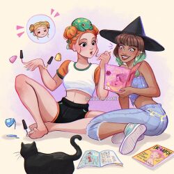 Rule 34 | 2girls, animal, animal on head, artist name, barefoot, black cat, black hair, blue pants, brown hair, cat, crop top, denim, double bun, frog, gradient hair, green hair, grey eyes, hair bun, hat, highres, jeans, looking at another, luztapiaart, magazine (object), magic, midriff, multicolored hair, multiple girls, nail polish, on head, orange hair, orange sleeves, original, pants, peyton (luztapiaart), roya (luztapiaart), shirt, shoes, short sleeves, sitting, sneakers, telekinesis, two-tone hair, watermark, white shirt, witch hat